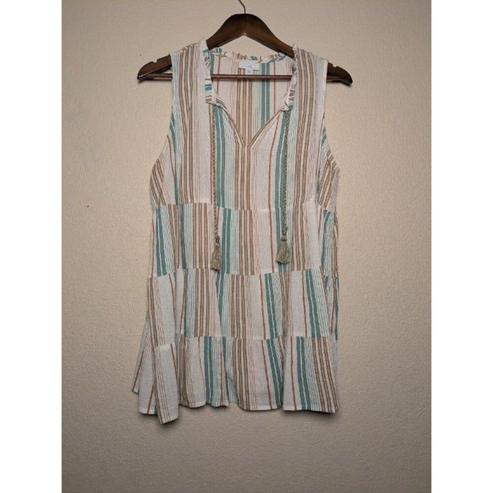 Striped Sleeveless Boho Blouse Tassel Tie Neck Prairie Coastal Petite Medium